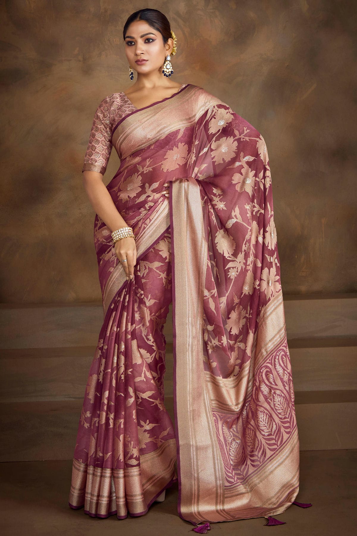 Purple Colour Moss Brasso Traditional Saree