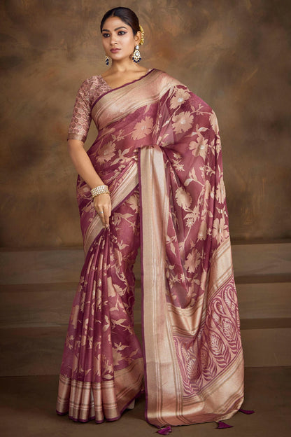 Purple Colour Moss Brasso Traditional Saree