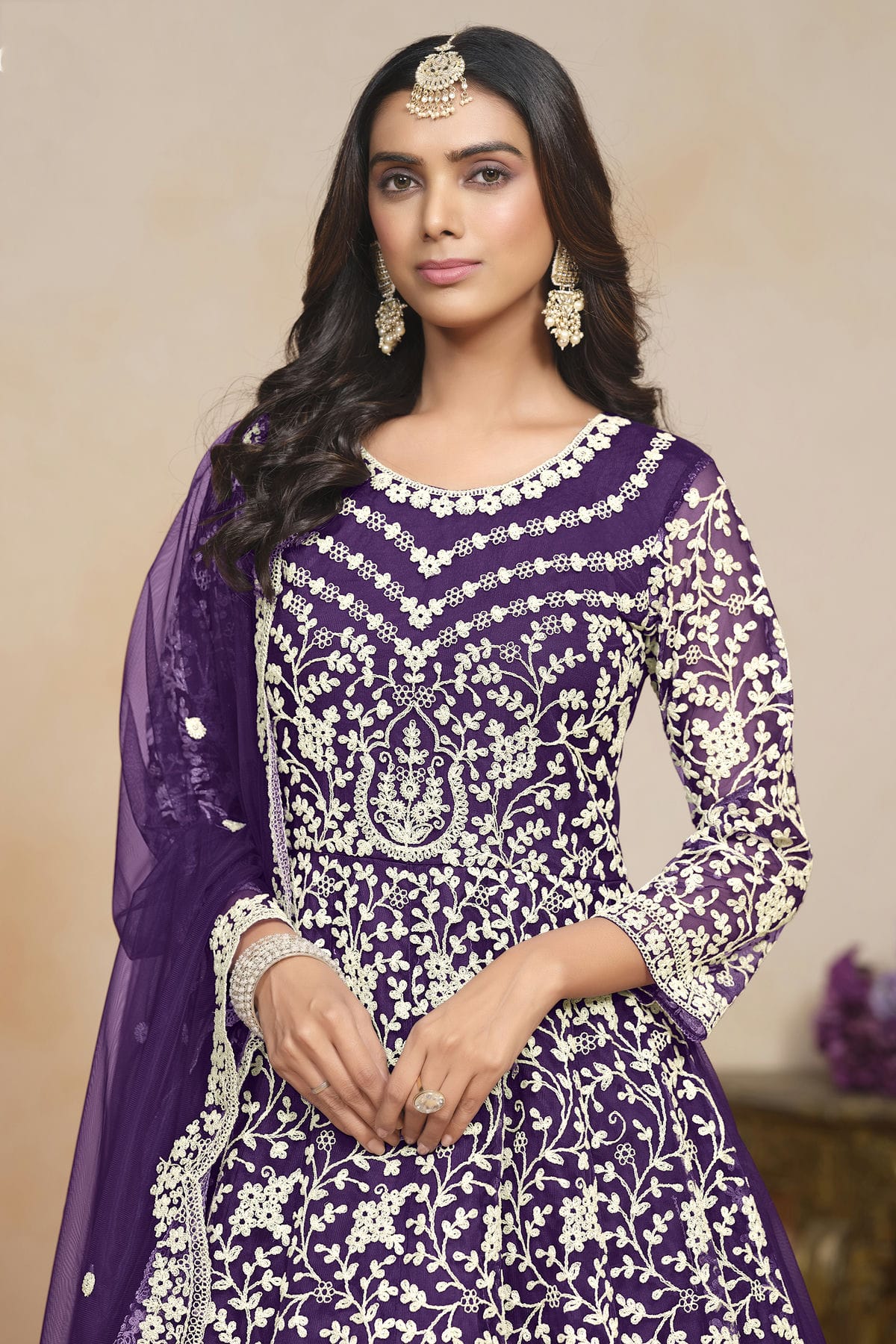 Purple Colour Net Semi Stitched Anarkali Suit VSSM1050606