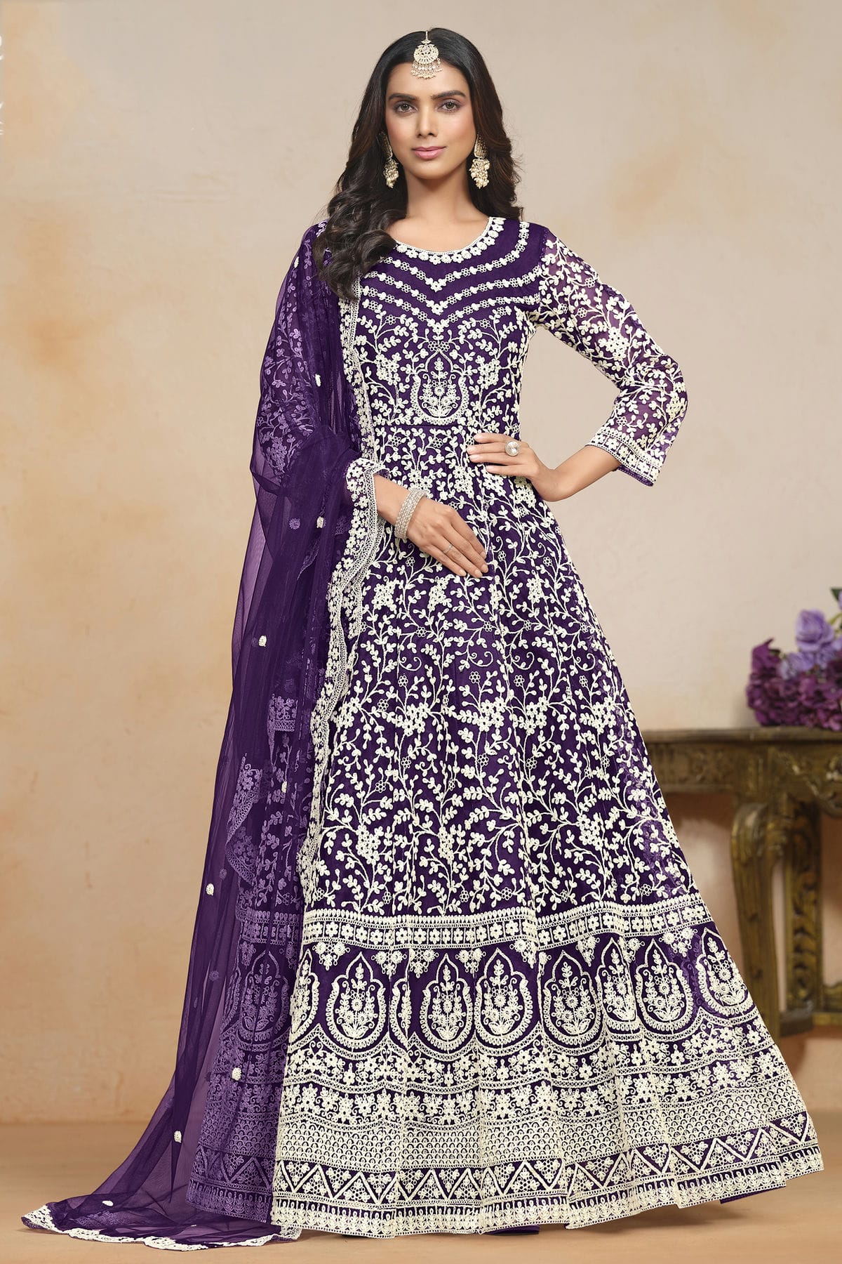 Purple Colour Net Semi Stitched Anarkali Suit