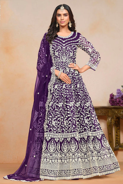 Purple Colour Net Semi Stitched Anarkali Suit