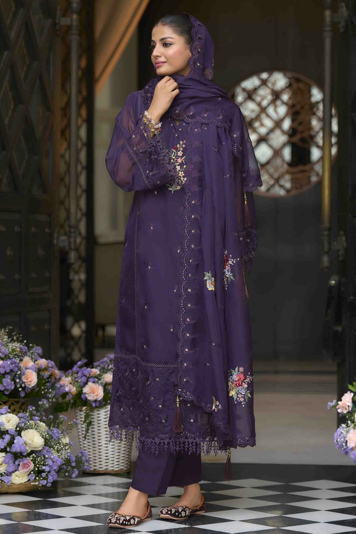 Purple Colour Organza Stitched Pakistani Suit VSSS1140749