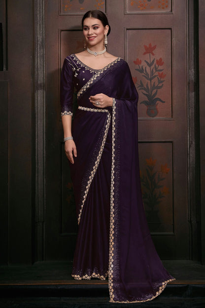 Purple Colour Pure Satin Designer Saree