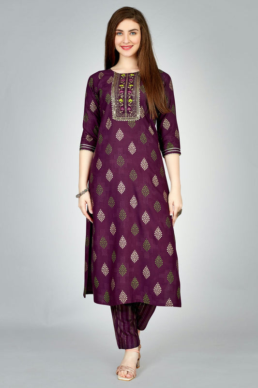 Purple Colour Rayon Kurta And Pant Set