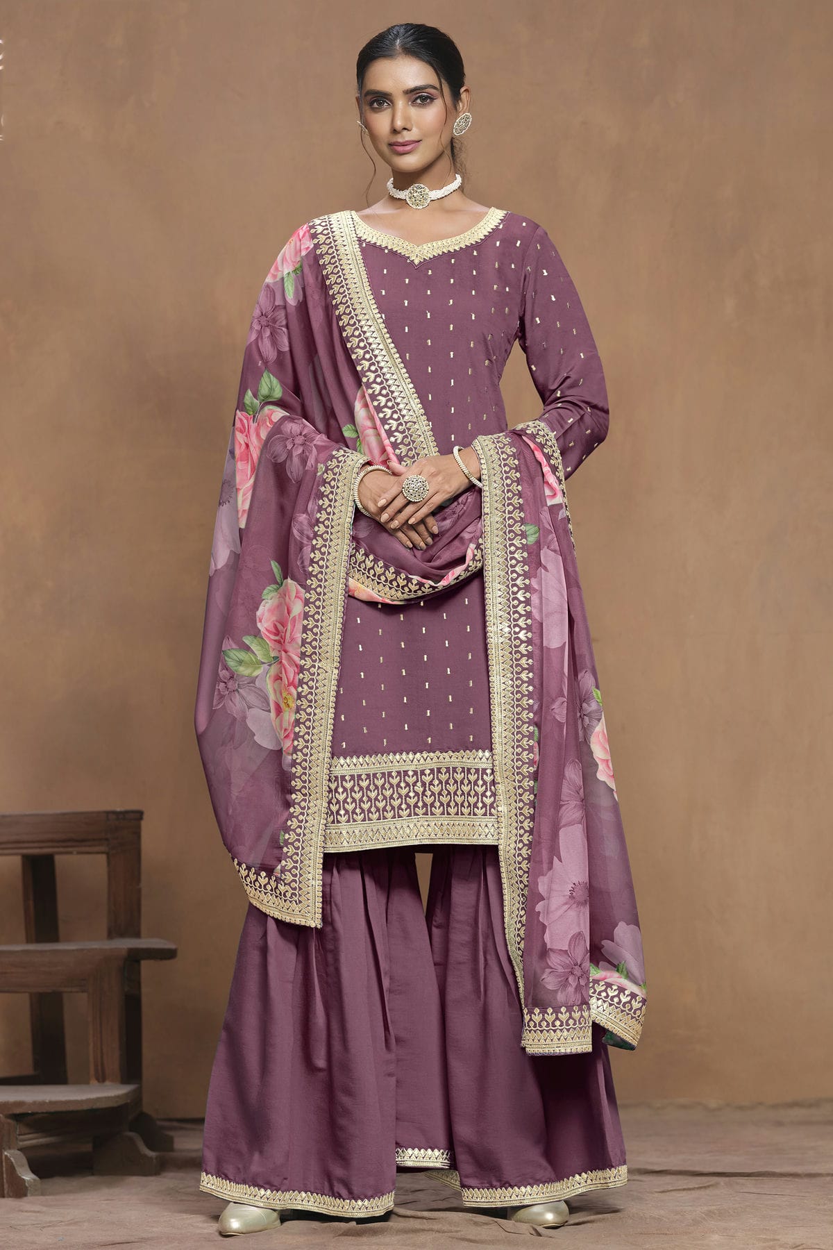 Purple Colour Roman Silk Sharara Suit