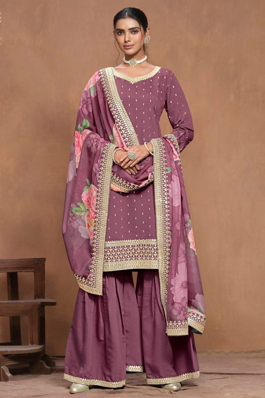 Purple Colour Roman Silk Sharara Suit