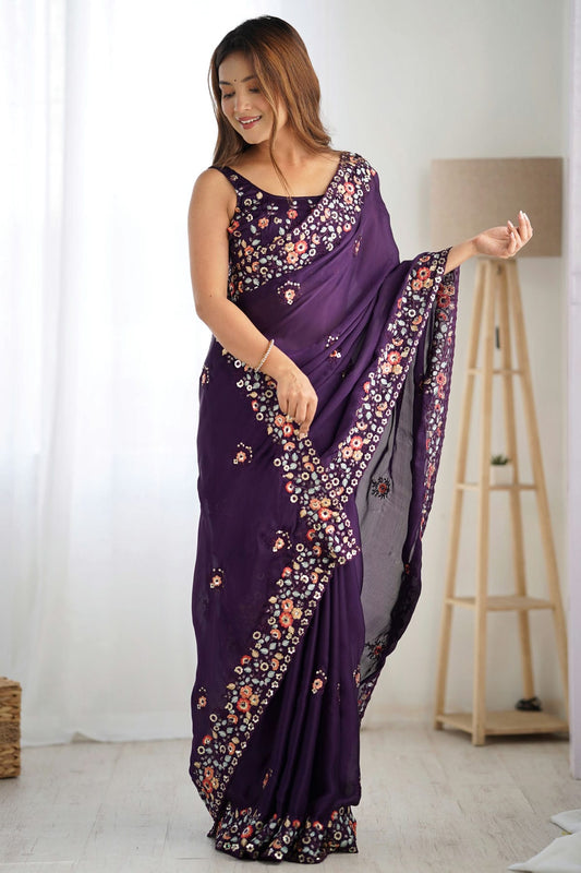 Purple Colour Satin Chiffon Designer Saree