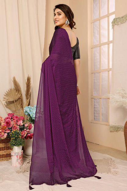 Purple Colour Satin Chiffon Stone Work Saree