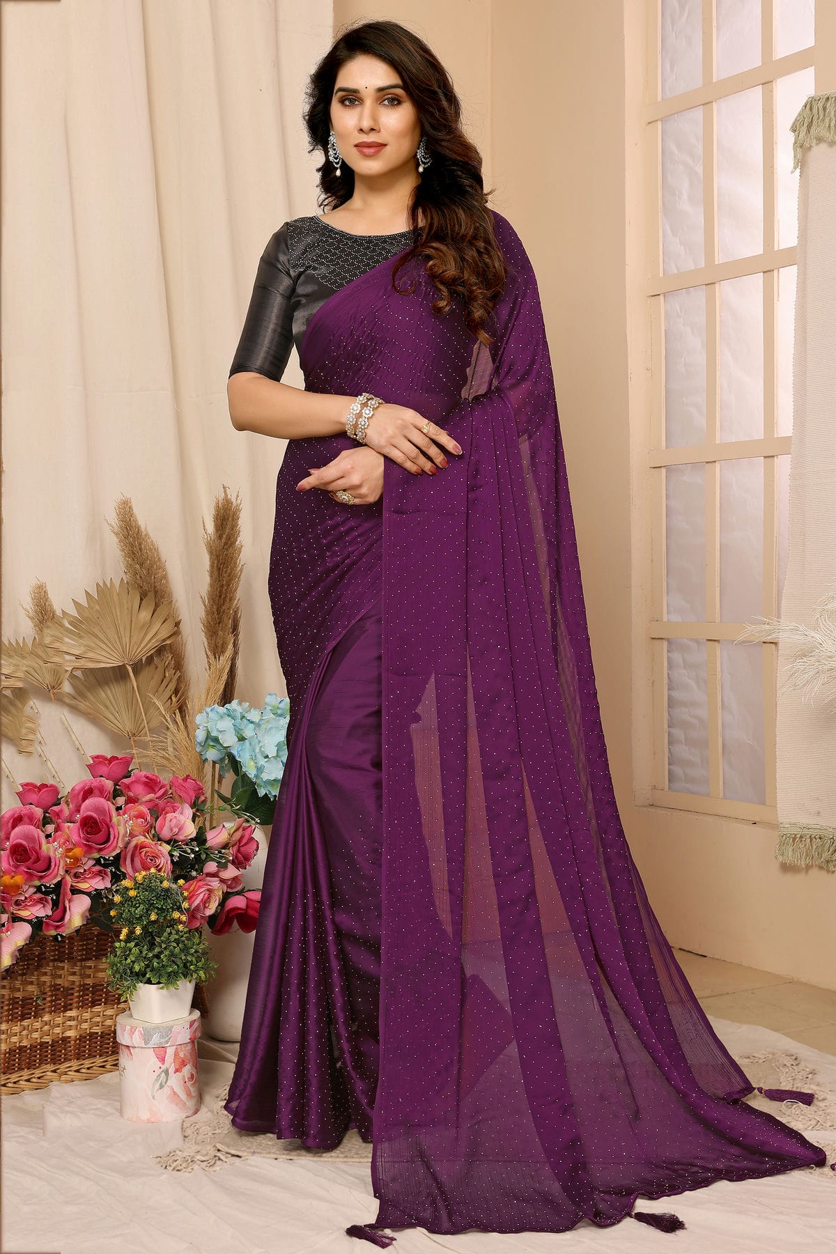 Purple Colour Satin Chiffon Stone Work Saree