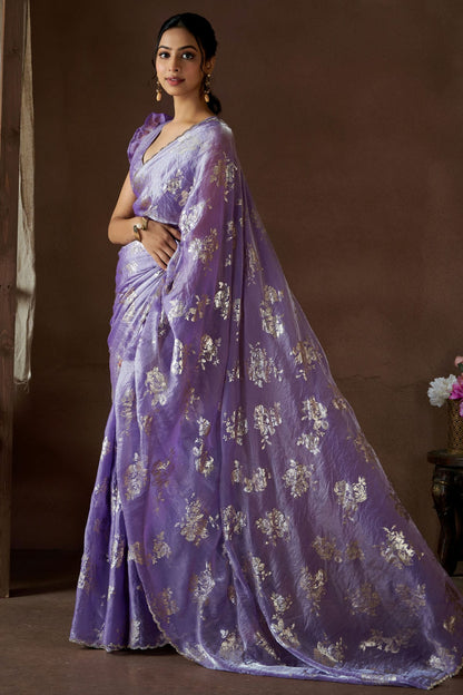 Purple Colour Satin Silk Designer Saree