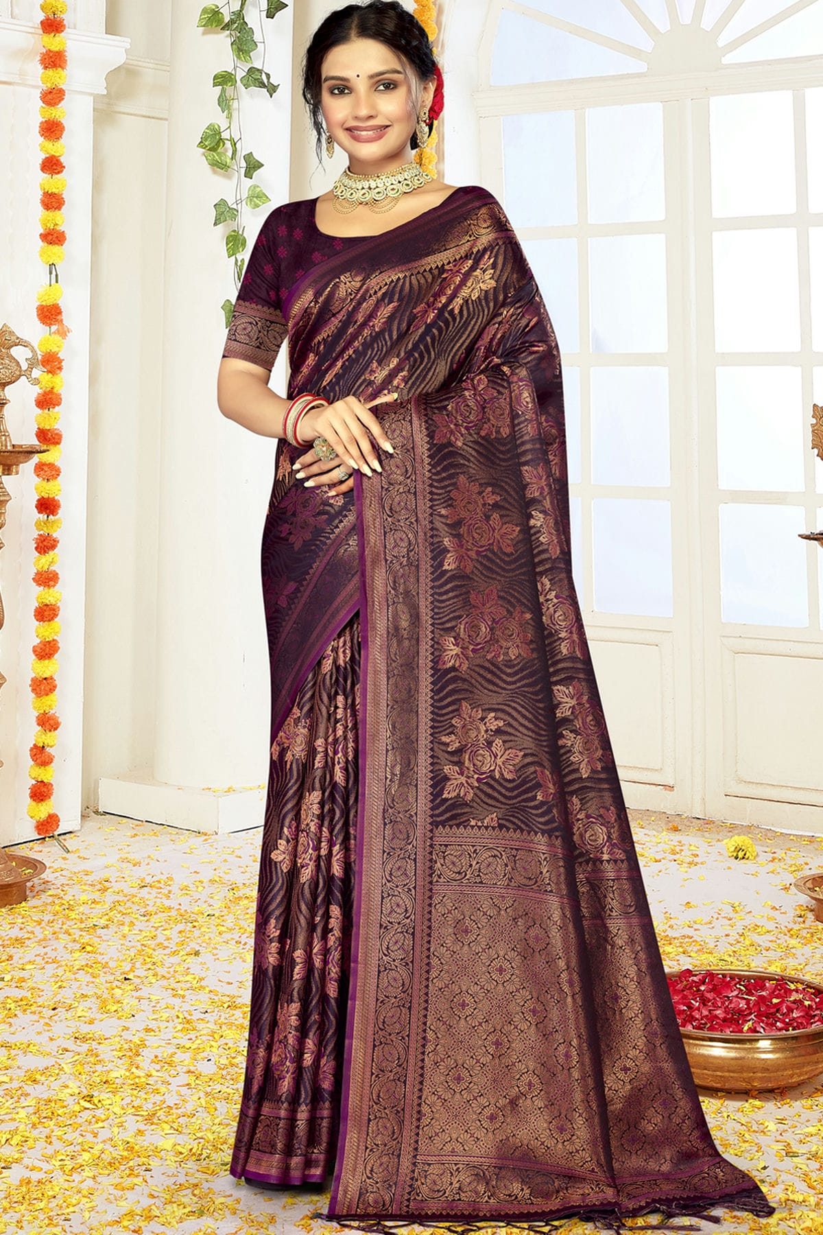 Purple Colour Satin Silk Traditional Saree