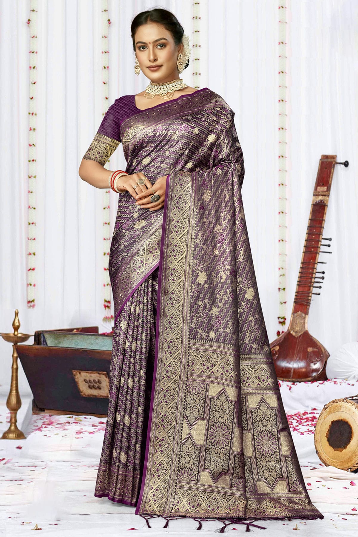 Purple Colour Satin Silk Traditional Saree