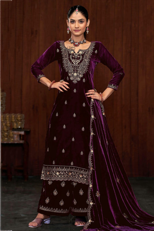 Purple Colour Semi Stitched 9000 Velvet Palazzo Pant Suit