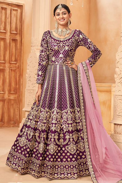 Purple Colour Semi Stitched Art Silk Anarkali Suit