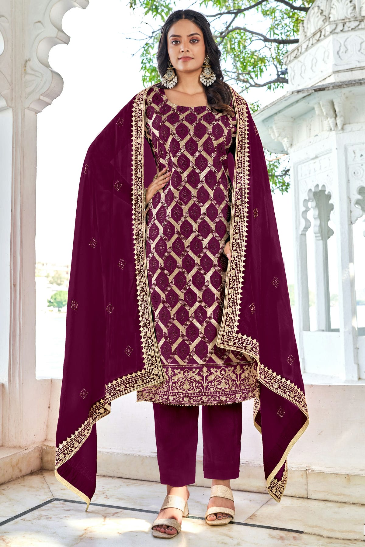 Purple Colour Semi Stitched Blooming Vichitra Pant Style Suit