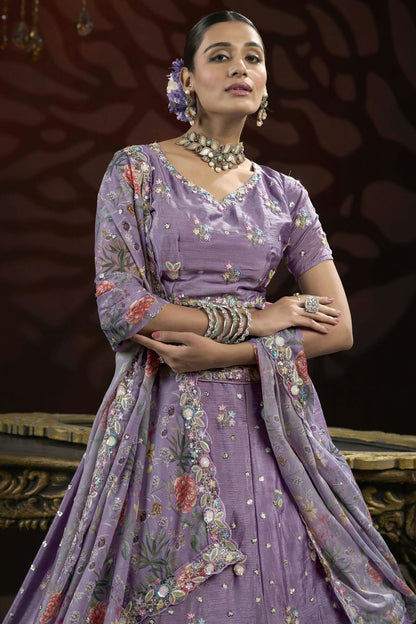 Purple Colour Semi Stitched Chinon Lehenga Choli VSLC1112515