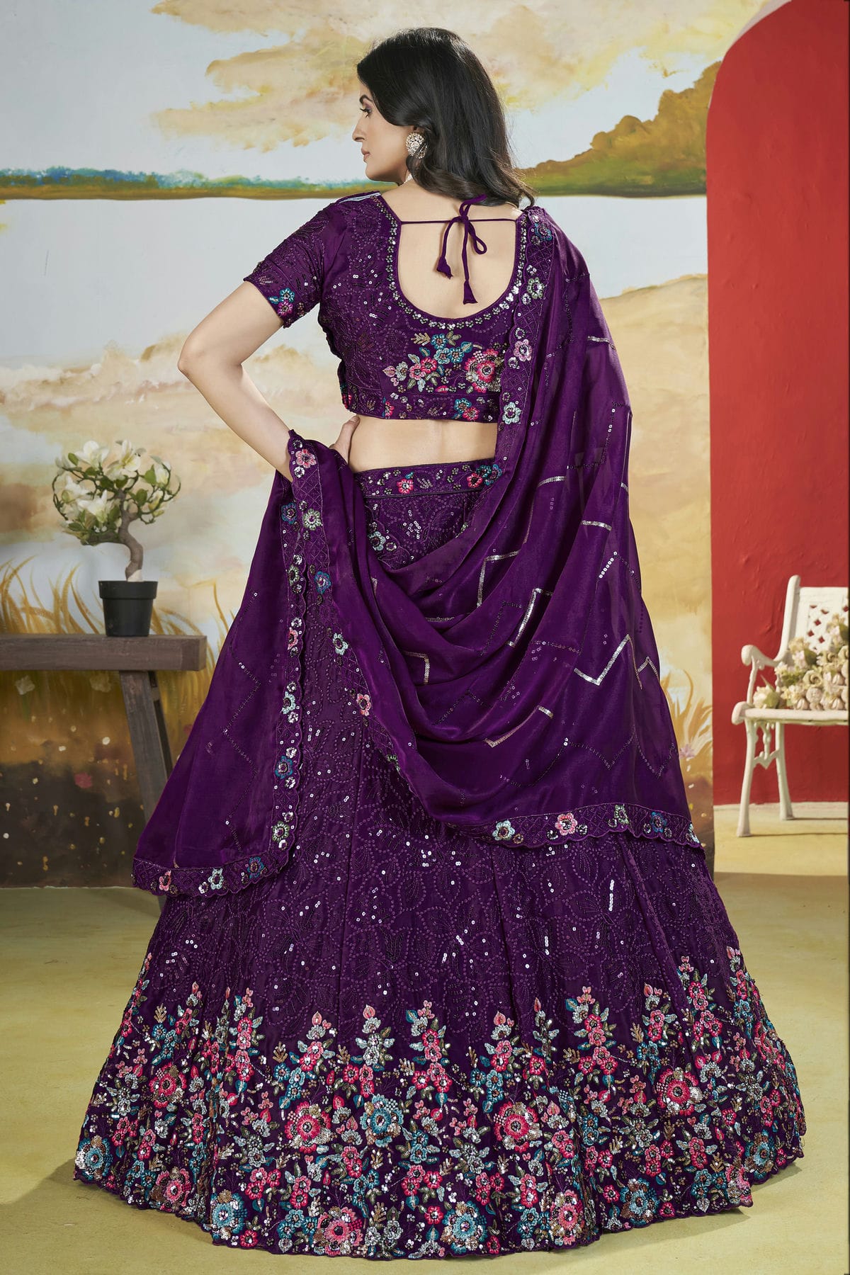 Purple Colour Semi Stitched Chinon Lehenga Choli VSLC1112520