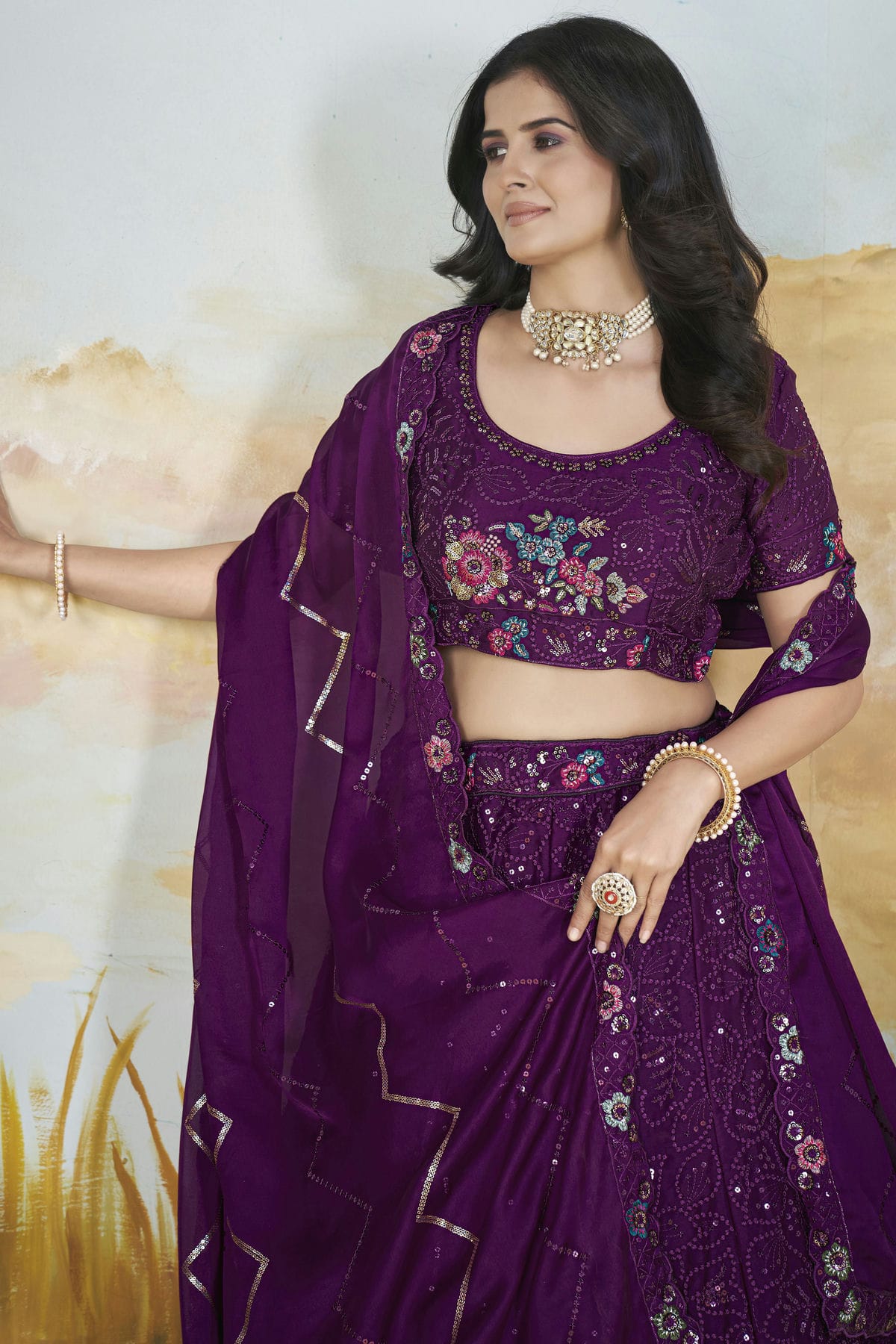 Purple Colour Semi Stitched Chinon Lehenga Choli VSLC1112520