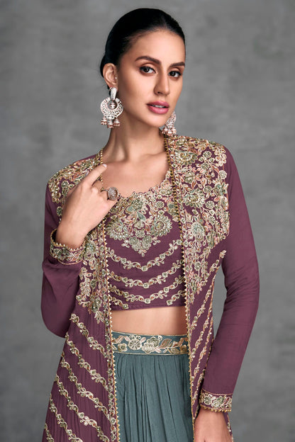 Purple Colour Semi Stitched Chinon Lehenga Suit