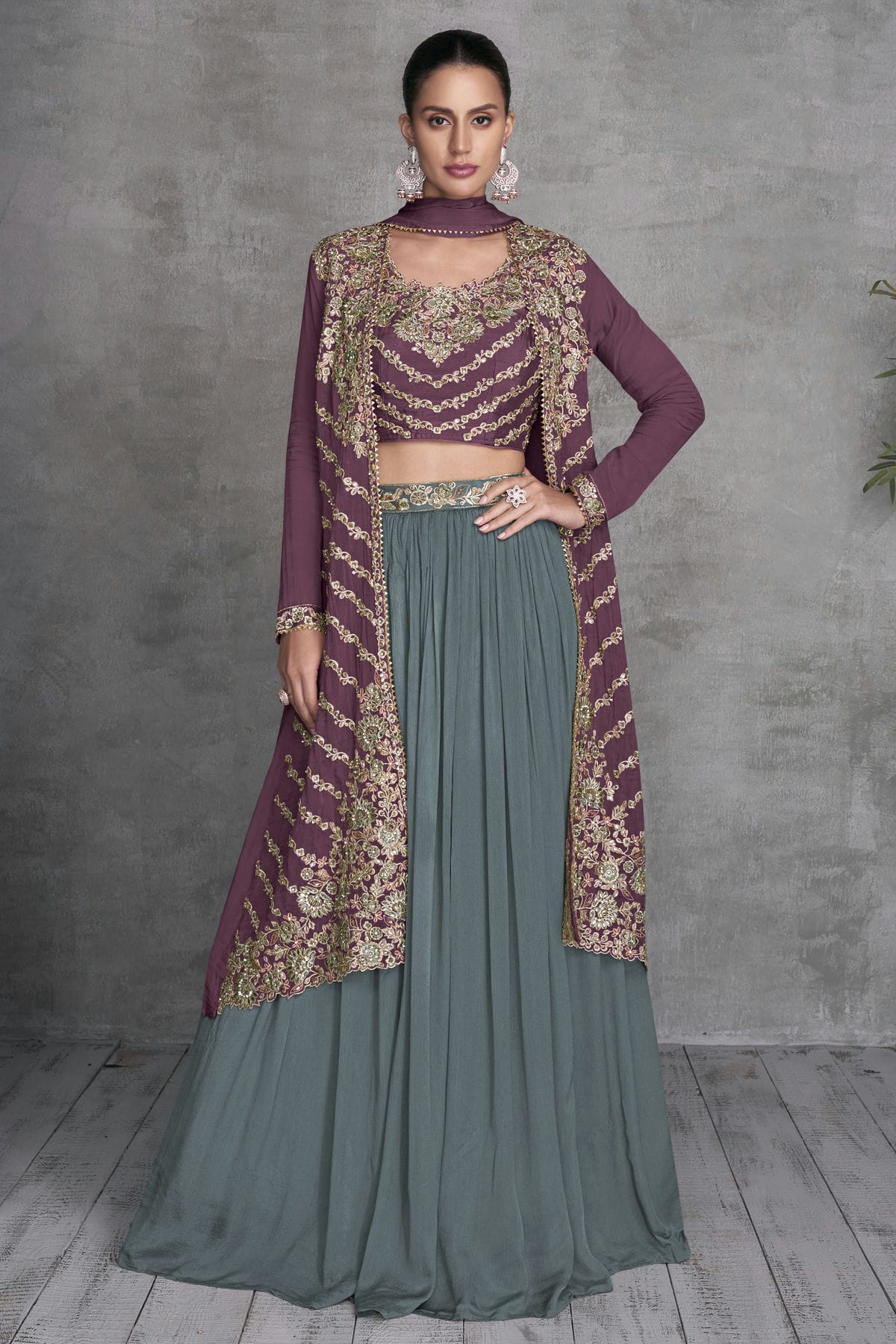 Purple Colour Semi Stitched Chinon Lehenga Suit