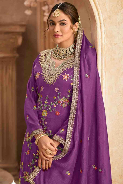 Purple Colour Semi Stitched Chinon Palazzo Pant Suit VSSM1140718