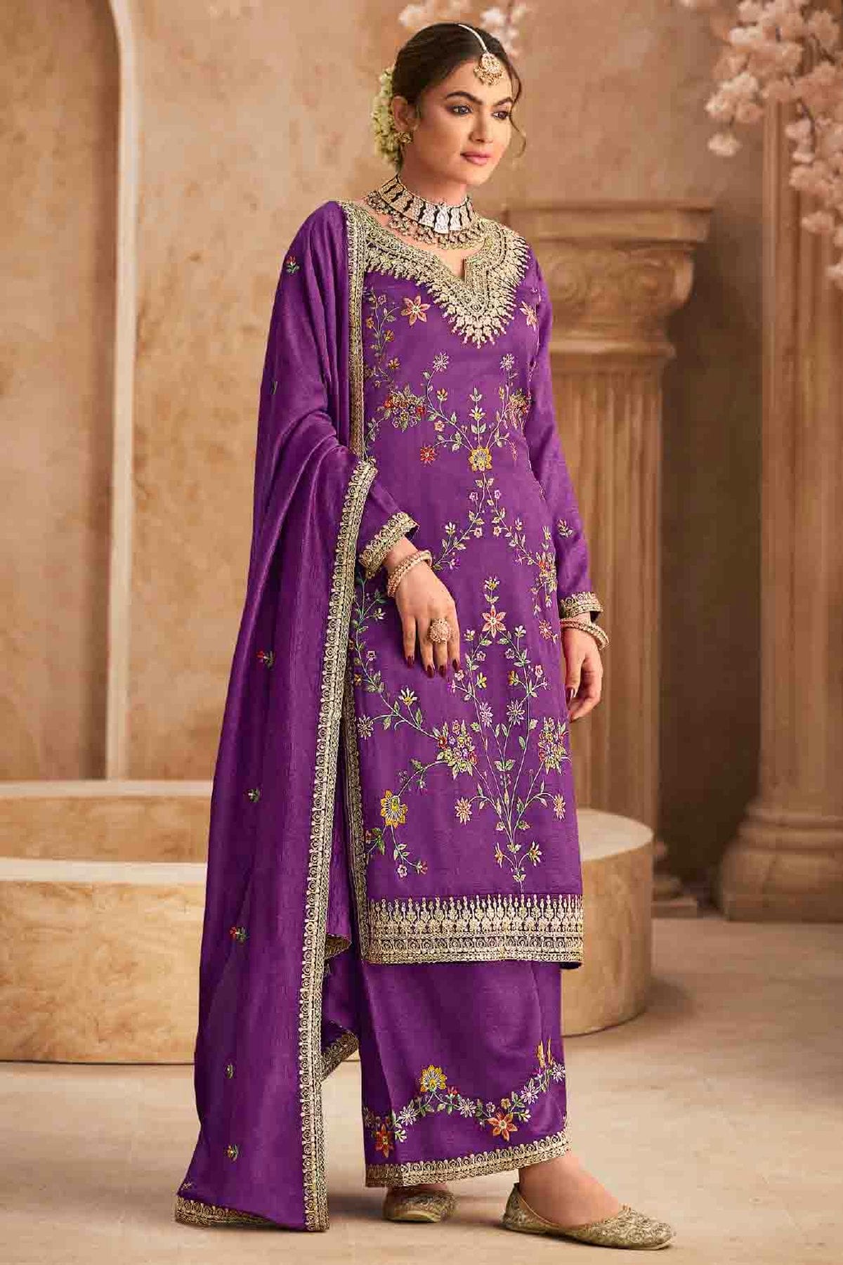 Purple Colour Semi Stitched Chinon Palazzo Pant Suit VSSM1140718