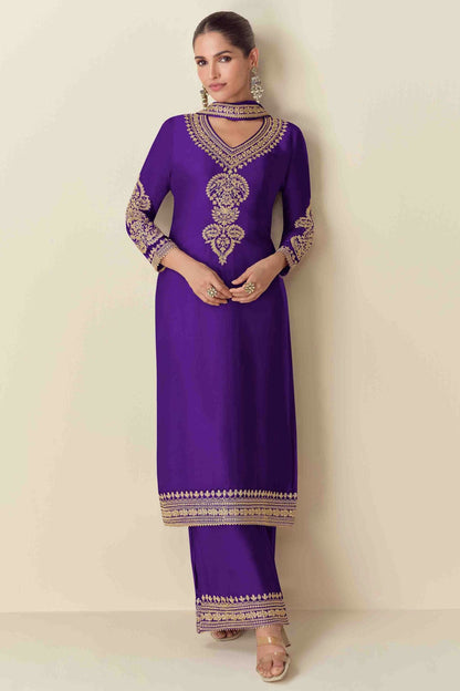 Purple Colour Semi Stitched Chinon Palazzo Pant Suit VSSM1140723