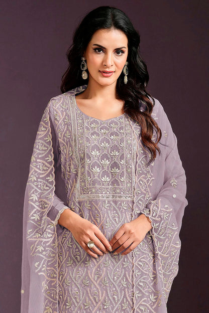 Purple Colour Semi Stitched Chinon Straight Suit VSSM1112777