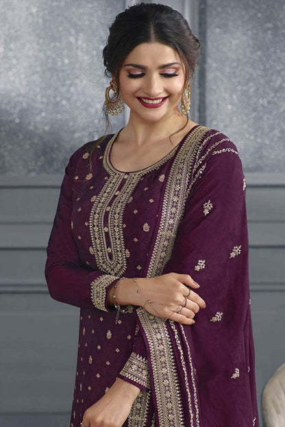 Purple Colour Semi Stitched Dola Jacquard Silk Palazzo Pant Suit