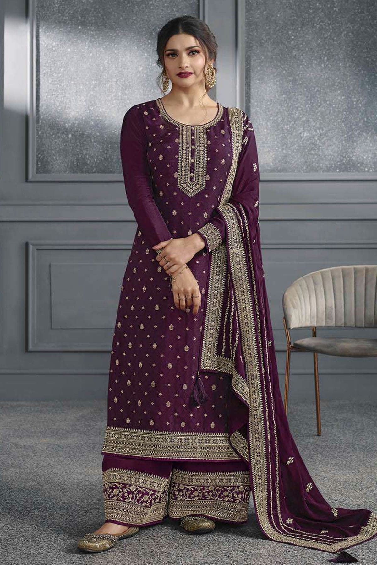 Purple Colour Semi Stitched Dola Jacquard Silk Palazzo Pant Suit