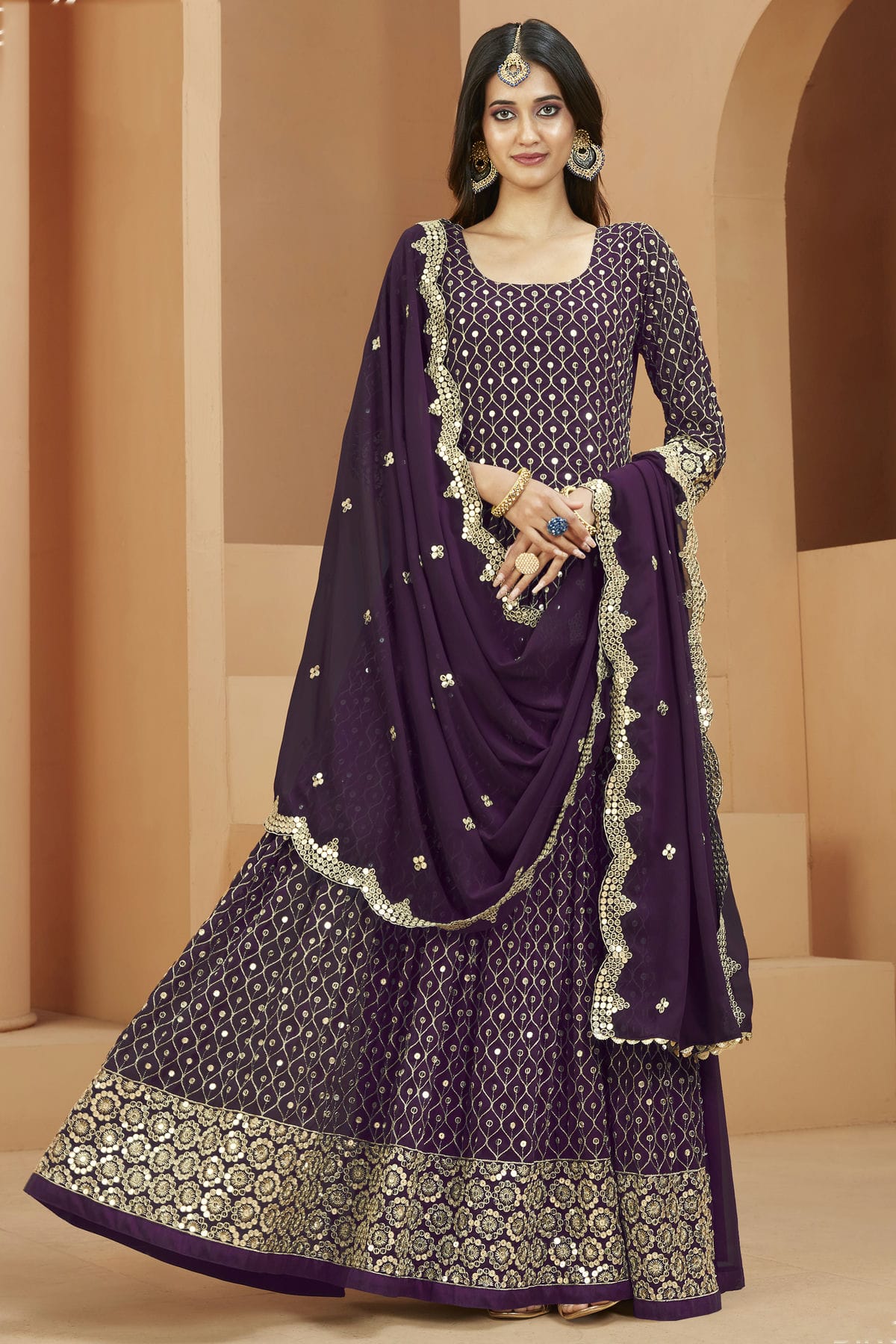 Purple Colour Semi Stitched Faux Georgette Anarkali Suit