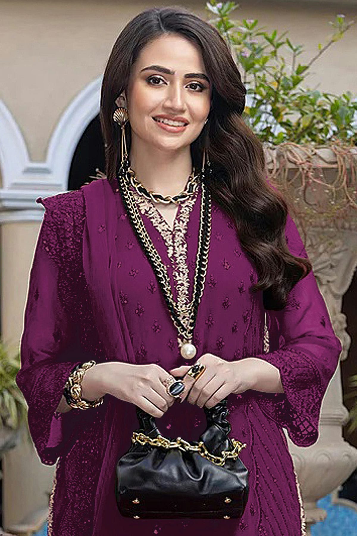 Purple Colour Semi Stitched Faux Georgette Pakistani Suit