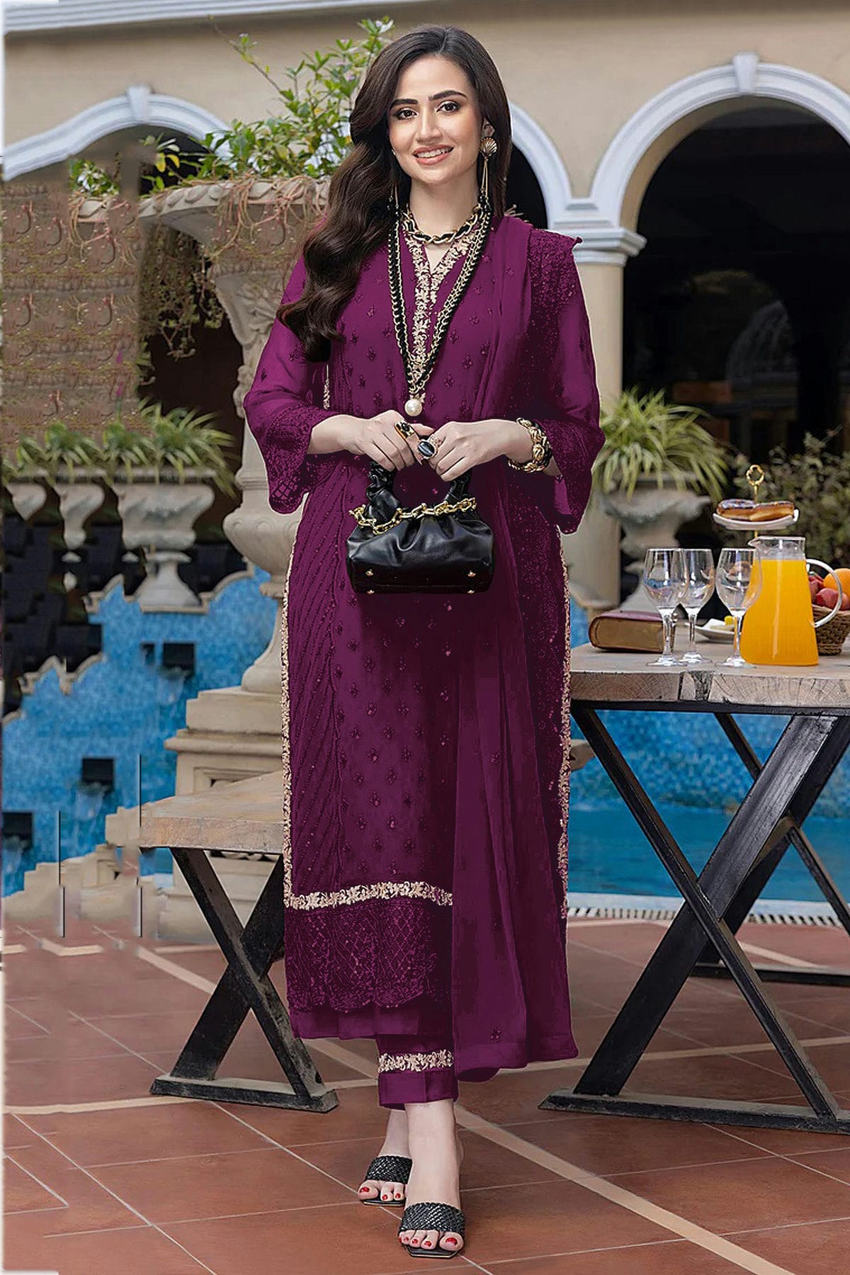 Purple Colour Semi Stitched Faux Georgette Pakistani Suit