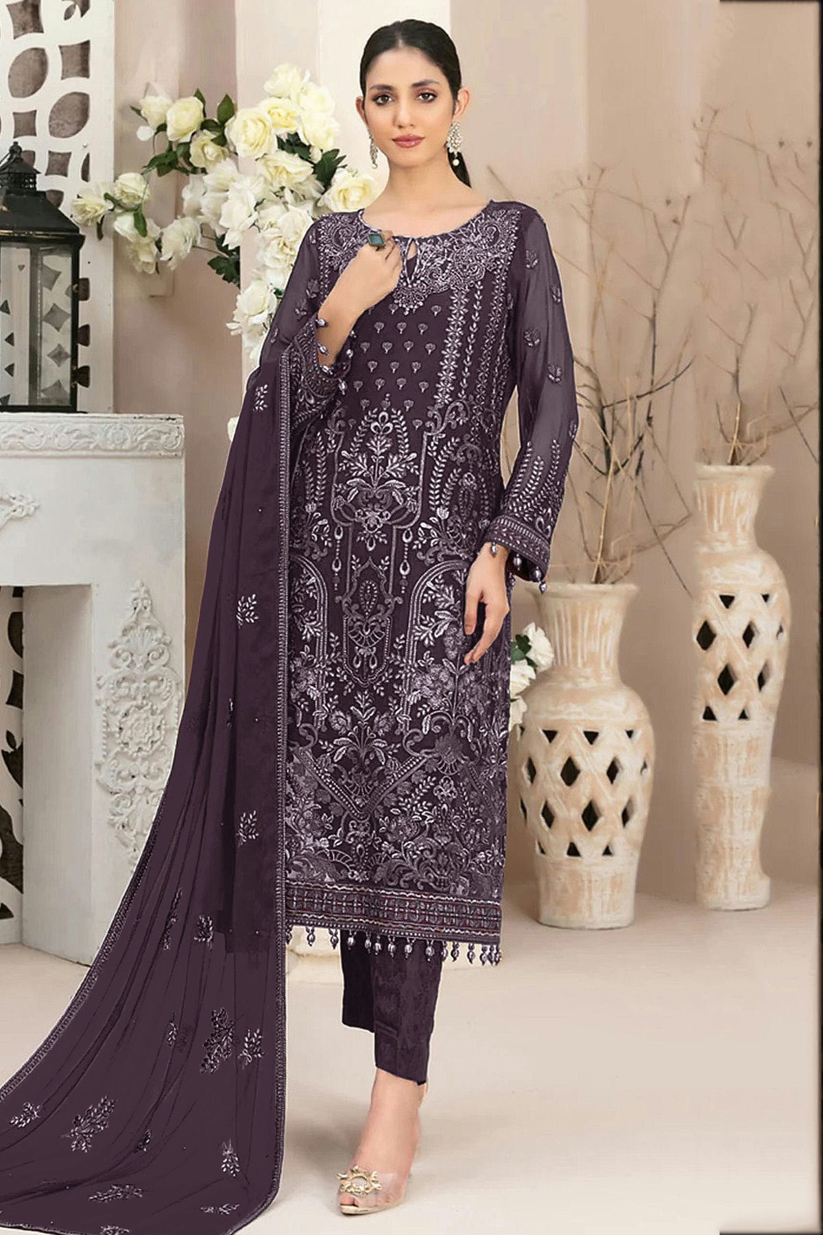 Purple Colour Semi Stitched Faux Georgette Pakistani Suit VSSM1140687