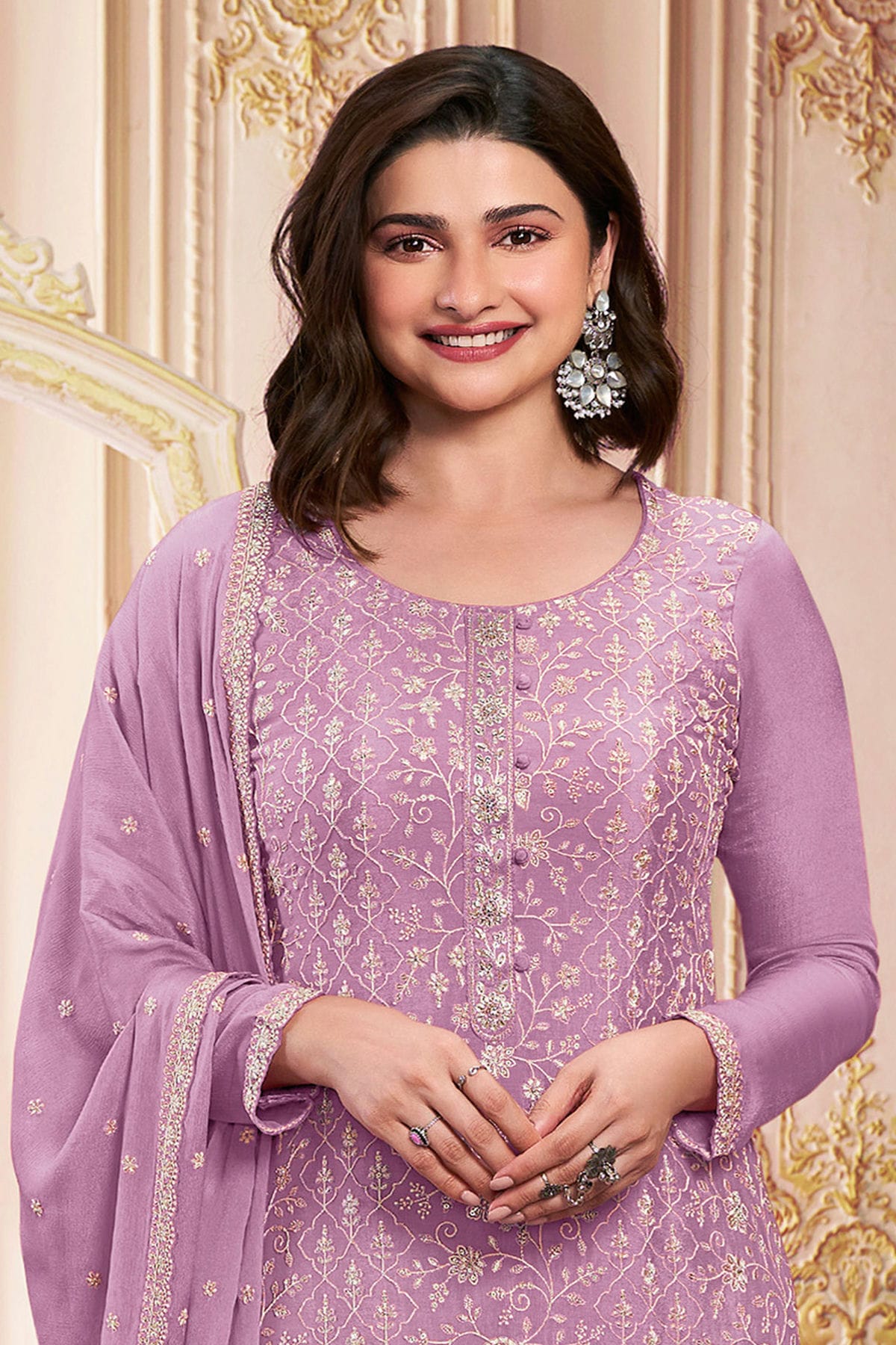 Purple Colour Semi Stitched Faux Georgette Pant Style Suit