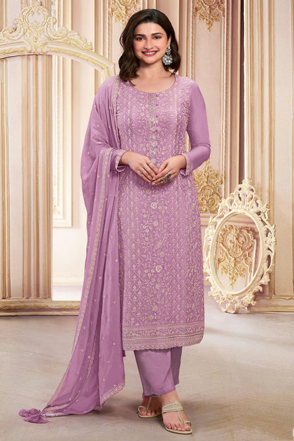 Purple Colour Semi Stitched Faux Georgette Pant Style Suit