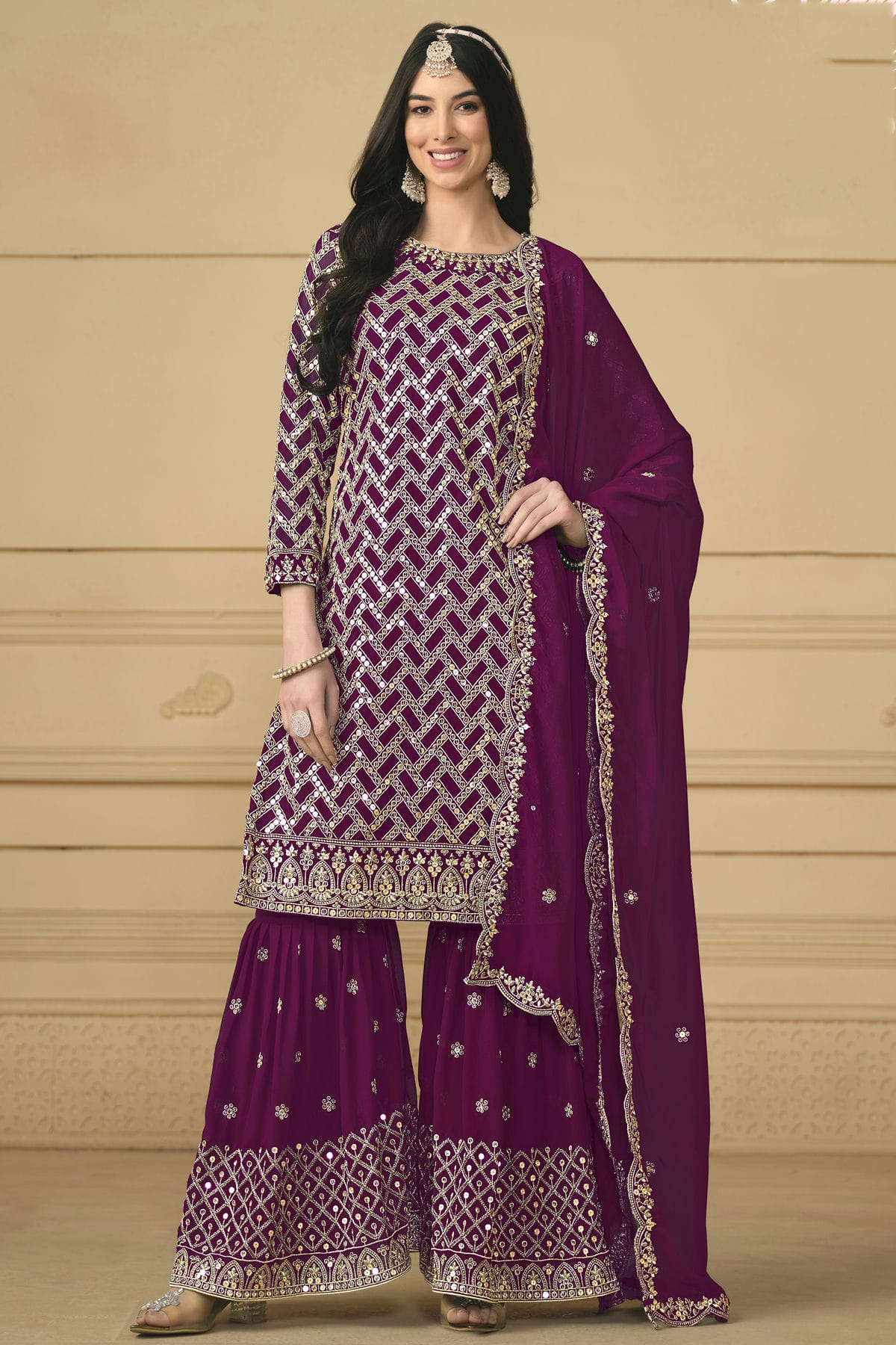 Purple Colour Semi Stitched Faux Georgette Sharara Suit