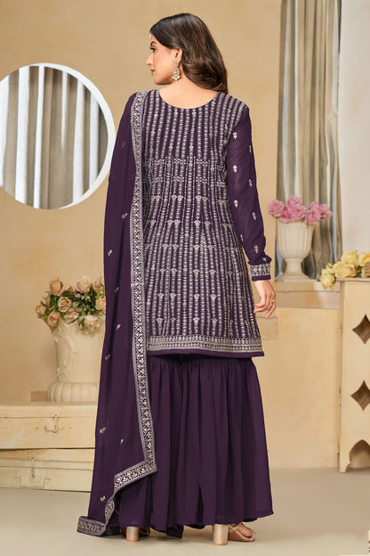 Purple Colour Semi Stitched Faux Georgette Sharara Suit