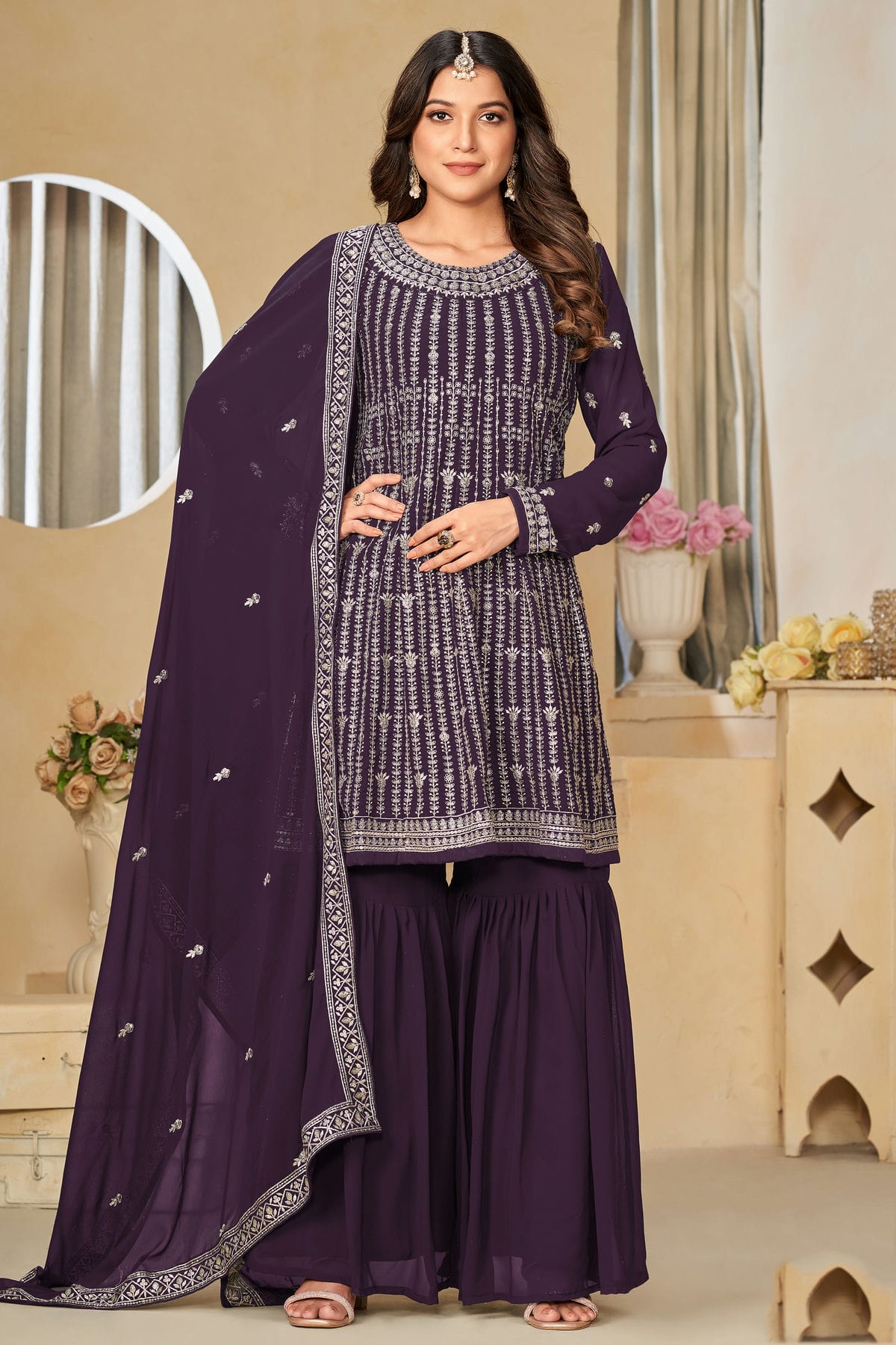 Purple Colour Semi Stitched Faux Georgette Sharara Suit