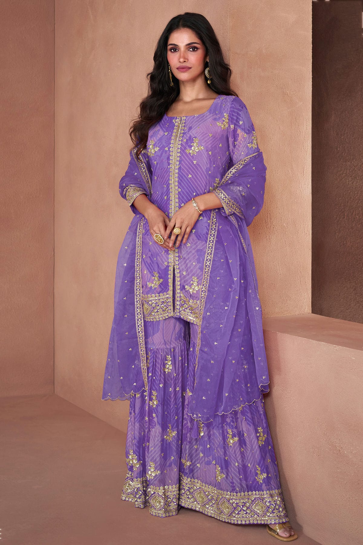 Purple Colour Semi Stitched Faux Georgette Sharara Suit