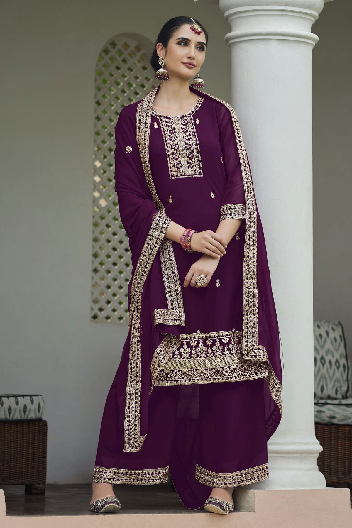 Purple Colour Semi Stitched Georgette Palazzo Pant Suit