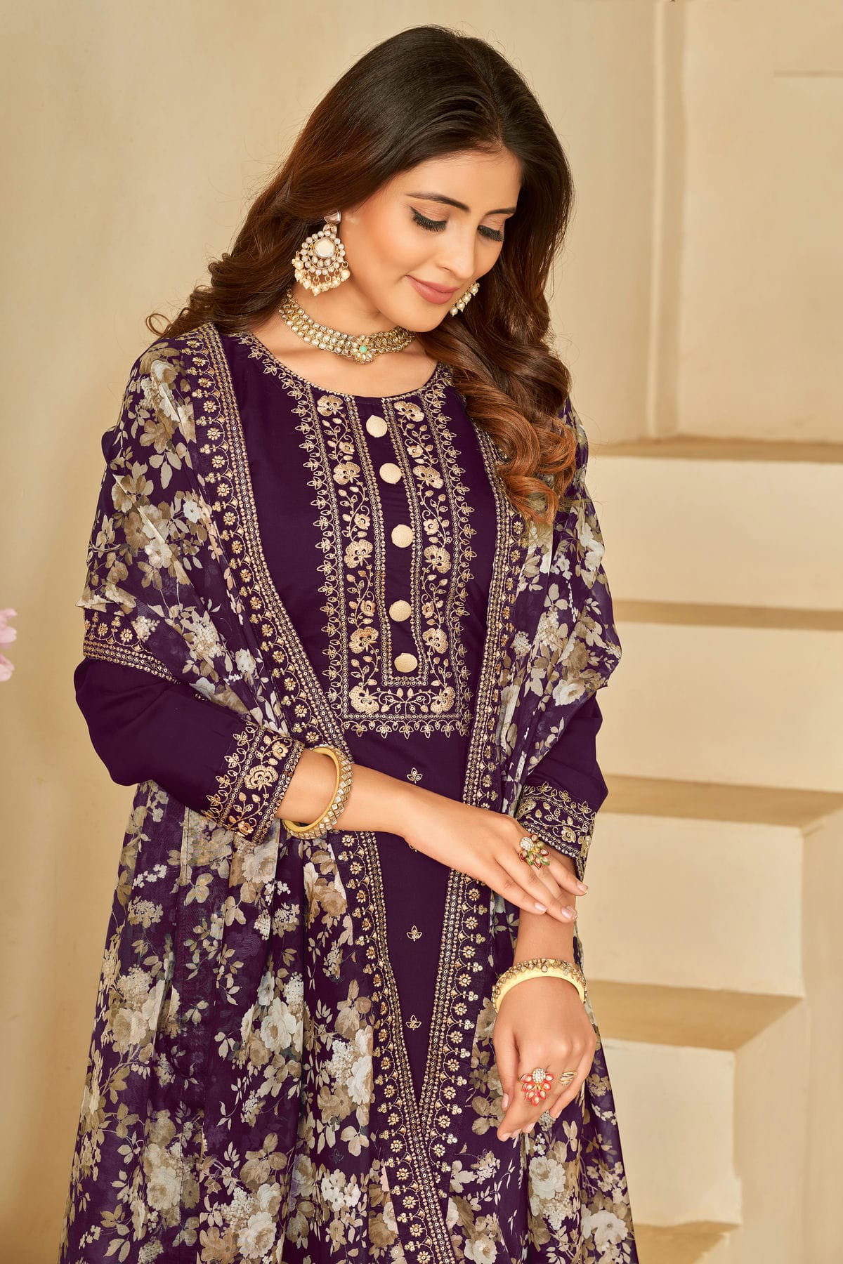 Purple Colour Semi Stitched Roman Silk Pant Style Suit