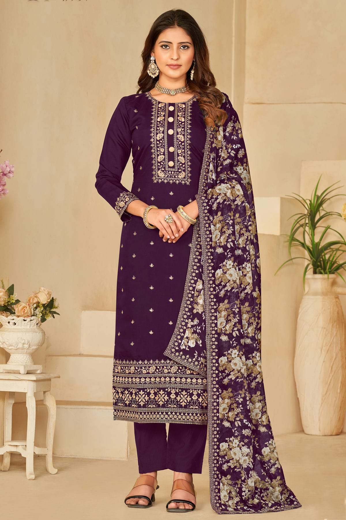 Purple Colour Semi Stitched Roman Silk Pant Style Suit