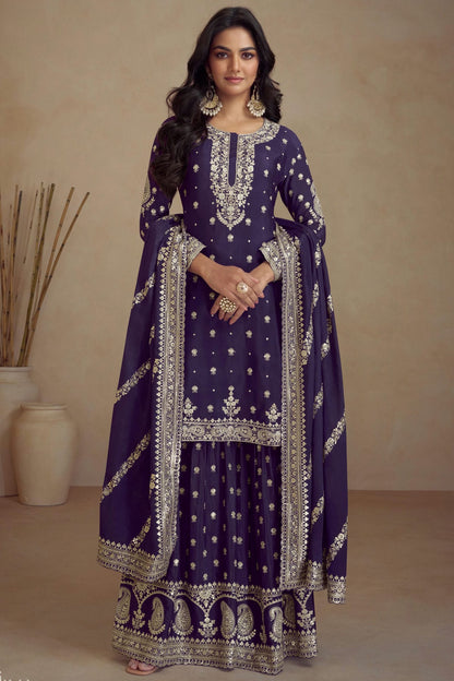 Purple Colour Semi Stitched Silk Palazzo Pant Suit VSSM1140668