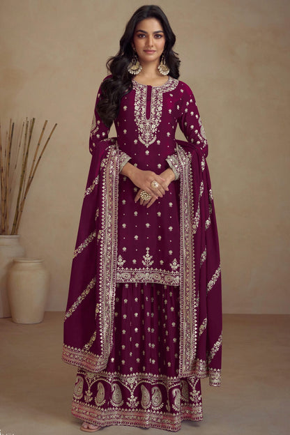 Purple Colour Semi Stitched Silk Palazzo Pant Suit VSSM1140673