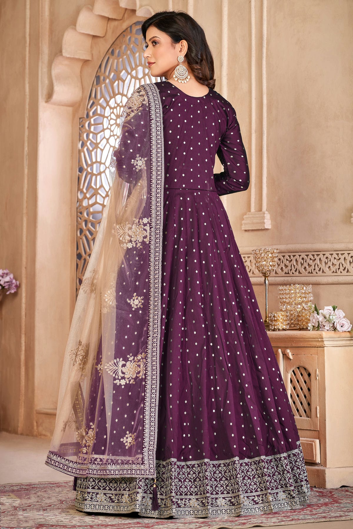 Purple Colour Semi Stitched Taffeta Silk Anarkali Suit