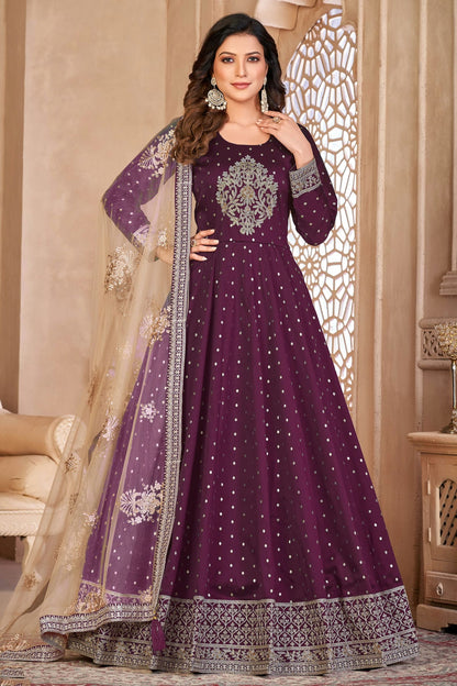 Purple Colour Semi Stitched Taffeta Silk Anarkali Suit