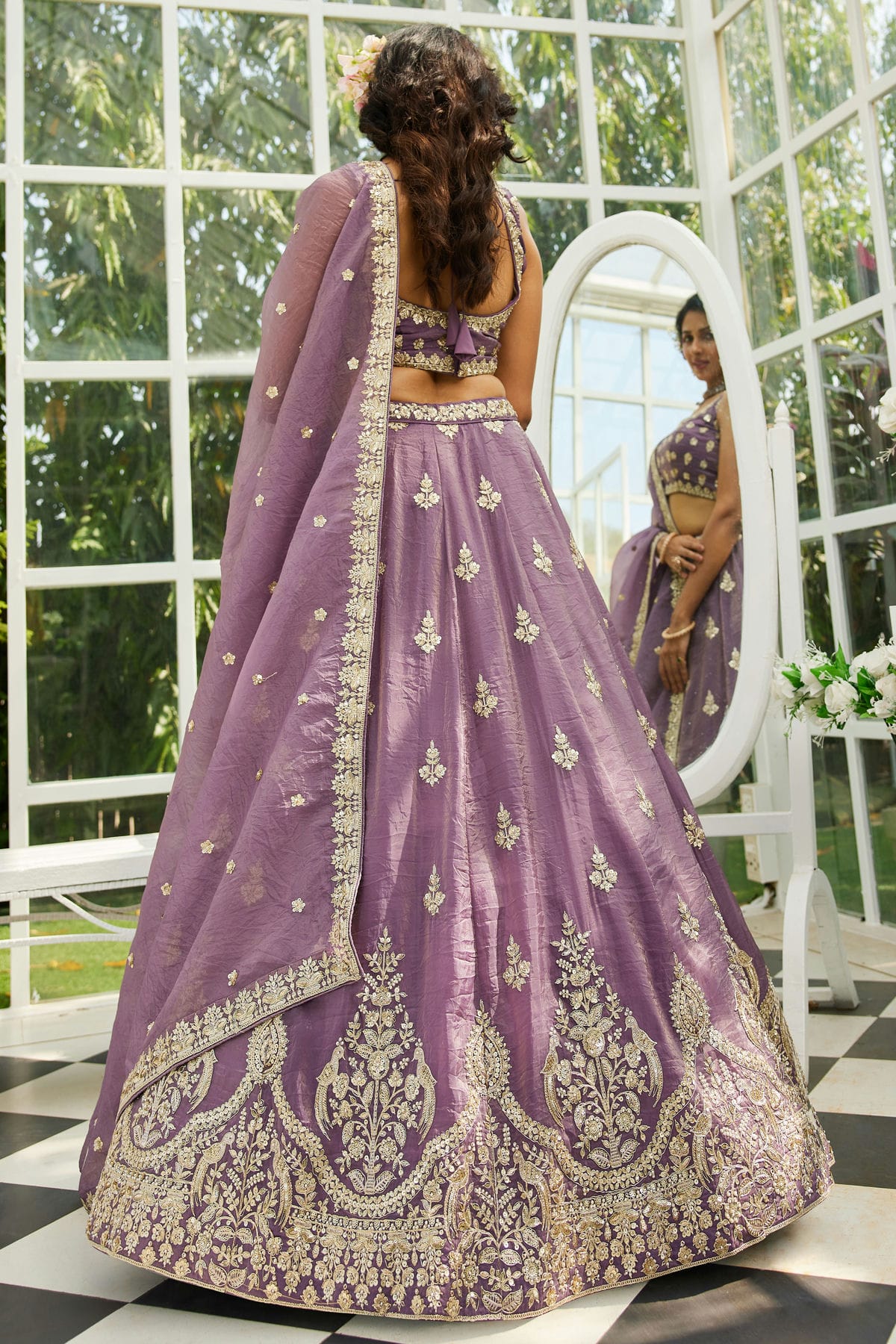 Purple Colour Semi Stitched Tissue Lehenga Choli VSLC1112558