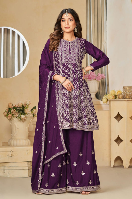 Purple Colour Sharara Suit Chinon Semi Stitched