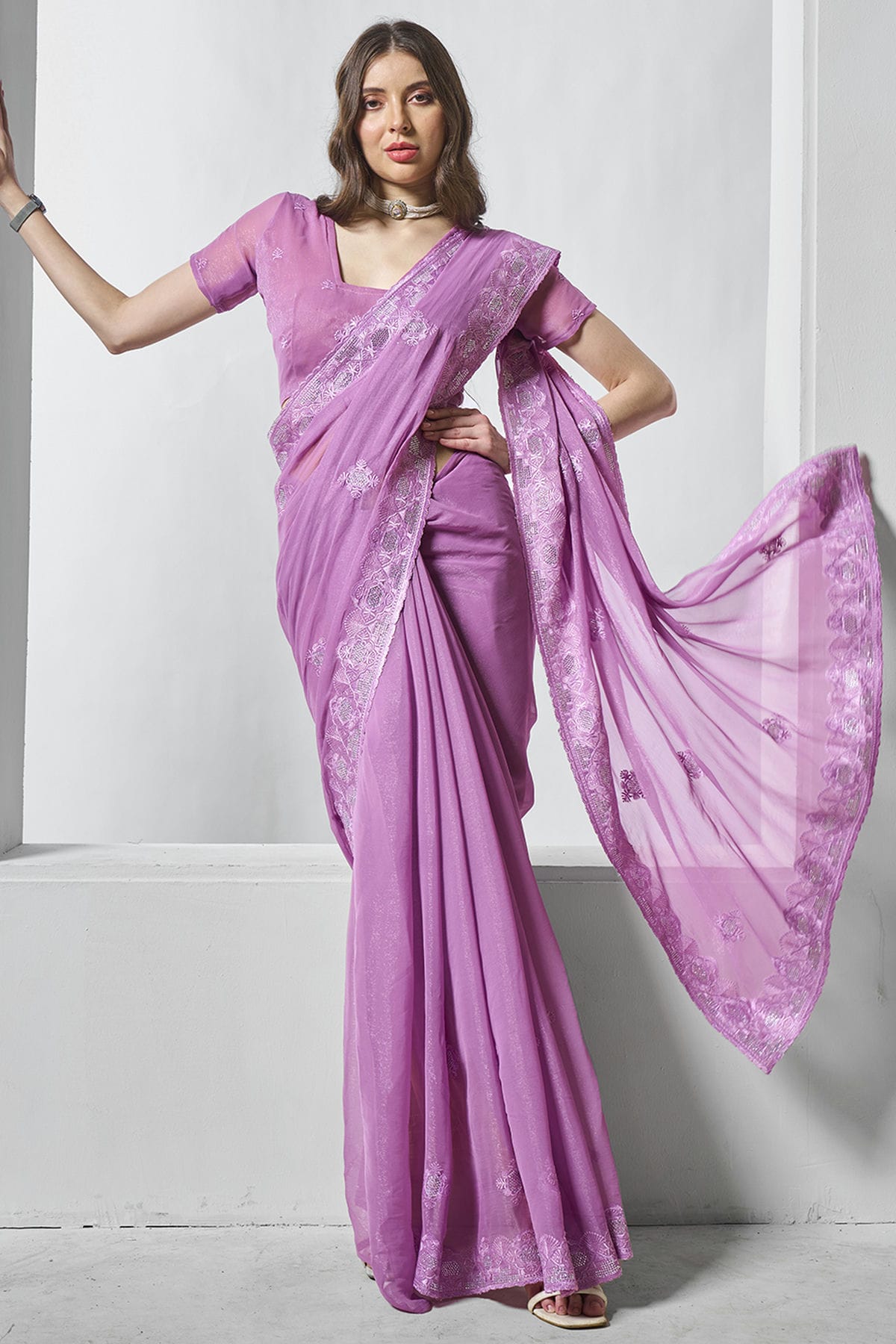 Purple Colour Shimmer Chiffon Designer Saree